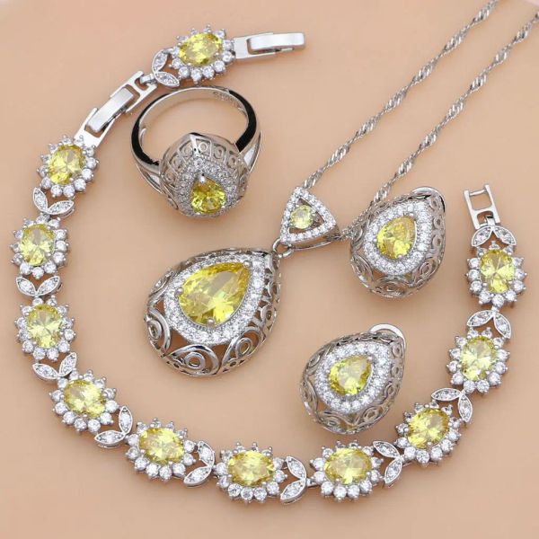 Conjuntos de piedra natal de noviembre, topacio amarillo, plata 925, conjunto de joyas, traje de mujer, pendiente de lágrima occidental, conjunto de collar, regalo para ella