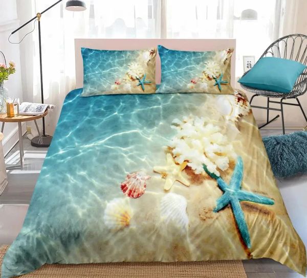 Ensemble de literie d'océan Ensemble de couvre-couette Coast Beach Set Set Blue Starfish Bed Set Kids Teen Shell Home Textiles Bed Bedpread Quilt Cover