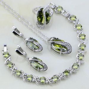 Ensembles de bijoux en argent Sterling 925 avec zircone cubique vert Olive blanc CZ pour femmes, boucle d'oreille/pendentif/collier/Bracelet/bague de mariage