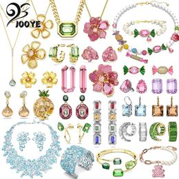 Ensembles de bijoux fins avec logo original, breloque, fleur rose, vert, cristal géométrique, mode millénaire, collier, bracelet, boucles d'oreilles pour femmes