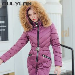 Sets Oulylan Fashion Nieuwe Winter Dames Hooded Jumpsuits Parka Cotton Gededed Warm Sashes Ski Skipak Zipper One Piece Casual Tracksuits