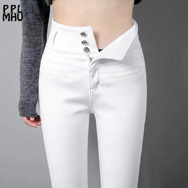 Conjuntos de Vaqueros de talla grande 5xl de cintura alta para mujer, Vaqueros ajustados elásticos a la moda, pantalones de tubo ajustados en blanco y negro, mallas vaqueras hasta el tobillo