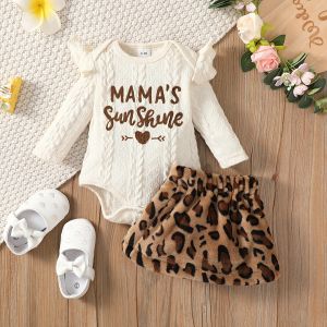 Sets patpat jurk pasgeboren babymeisje kleren overalls brief geborduurde ruche longsleeve romper en luipaard fuzzy rok kostuumset set