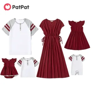Stelt Patpat Nieuwe aankomst Mozaïek Family Matching Red and White Series Sets (Vneck -jurken T -shirts Rompers)