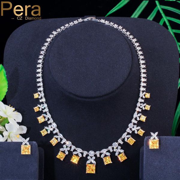 Ensembles Pera brillant jaune blanc princesse coupe CZ pierre grandes boucles d'oreilles carrées et colliers ensembles de bijoux pour la fête de mariage femmes J278