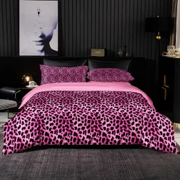 Sets roze luipaardpatroon dekbedovertrek 220x240, huidvriendelijke zachte quiltafdekking met kussensloop, satijnachtige roze beddengoedset twin/full