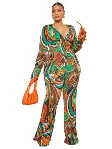 Sets Plus size set kleding dames 2 -delige set tops en flare broek pakken herfst nieuwe mode print streetwear oversized kleding outfits