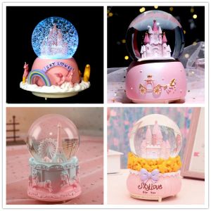 Ensembles princesse boule de cristal boîte à musique cadeaux d'anniversaire fille arc-en-ciel flocons de neige brillants boîte à musique décoration de la maison ornement de bureau