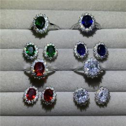 Zet prinses Diana Stud Earring Ring Set Real 925 Sterling Silver Oval Aaaaa Cz Stone Party Wedding Sieraden Set voor damesdag Gift