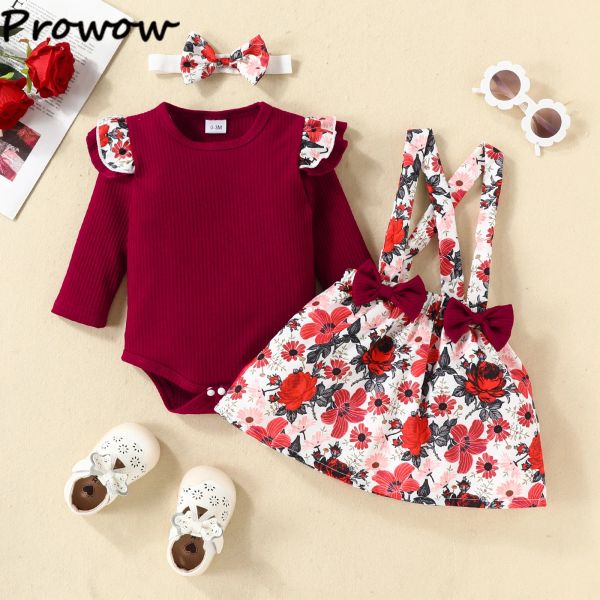 Sets prowow baby girl vêtements ensemble Rouge Ribed Raiper + Suspender Bowknot Robe Floral Party Girls Tenues Costume de nouveau-né hivernal