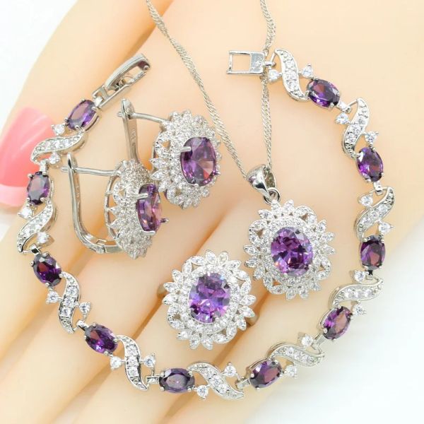 Ensembles de bijoux de mariée en argent 925, améthyste violette, dubaï, pour femmes, Bracelet, boucles d'oreilles, collier, pendentif, bagues, meilleur cadeau