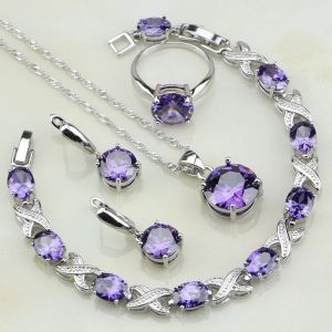 Ensembles de zircone cubique violette White CZ 925 Bijoux en argent sterling pour femmes Bracelets de mariage / collier / pendentif / boucles d'oreilles / bague