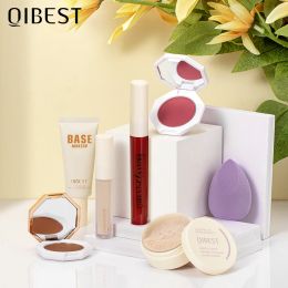 Ensembles QIBEST 7 pièces ensemble de maquillage fond de teint + fard à joues + crème réparatrice rouge à lèvres + poudre + correcteur + éponge Kit cosmétique professionnel