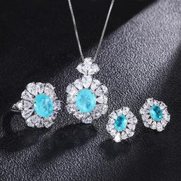 QTT – ensemble de bijoux de mariage pour femmes, breloques couleur argent, Paraiba Tourmaline, collier pédant, boucles d'oreilles, ensemble cadeau