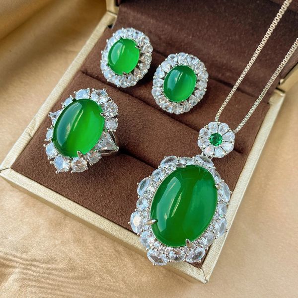 Ensembles QXTC luxe Fluorescent Jade pendentif collier femmes anneaux haute teneur en carbone diamant boucle d'oreille de mariage ensembles de bijoux fins cadeau féminin