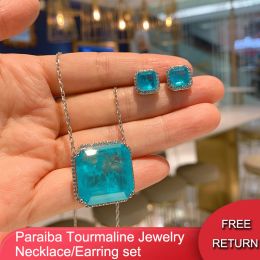 Sets QXTC Vierkante Paraiba Toermalijn Aquamarijn Lab Edelsteen Diamanten Hanger Ketting Oorbel Bruiloft Sieraden Sets Verjaardagscadeau