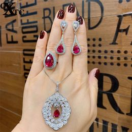 QXTC – ensemble de bijoux Vintage en rubis pour femmes, bagues en pierres précieuses, pendentif, collier, boucles d'oreilles pendantes, fête de mariage, cadeau d'anniversaire féminin