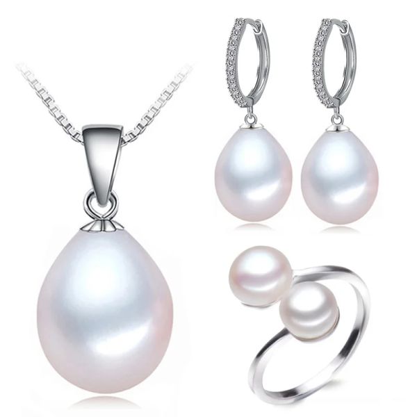 Conjuntos Conjuntos de joyas de perlas de agua dulce reales para mujer, conjunto de collar y pendientes de perlas naturales 925 plata blanco negro