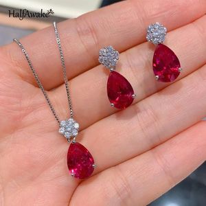 Sets Rood Korund Ruby Sieraden Sets Zirkoon Sierlijke Ketting Ketting Met Steen Hanger Oorbellen Voor Vrouwen Piercing Oor Liefde Gift