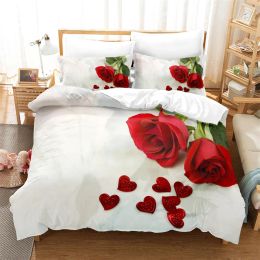 Ensemble de literie rose rouge cover de couette de fleur de fleur 3d ensemble de literie mode mouche douce literie roi de lit double ensemble de couette de couette
