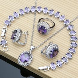 Sets Amethyst Romantic 925 Juegos de joyería de plata Pendientes de aro Anillos de novia Fina Jewellry Collar Set Dropshipping