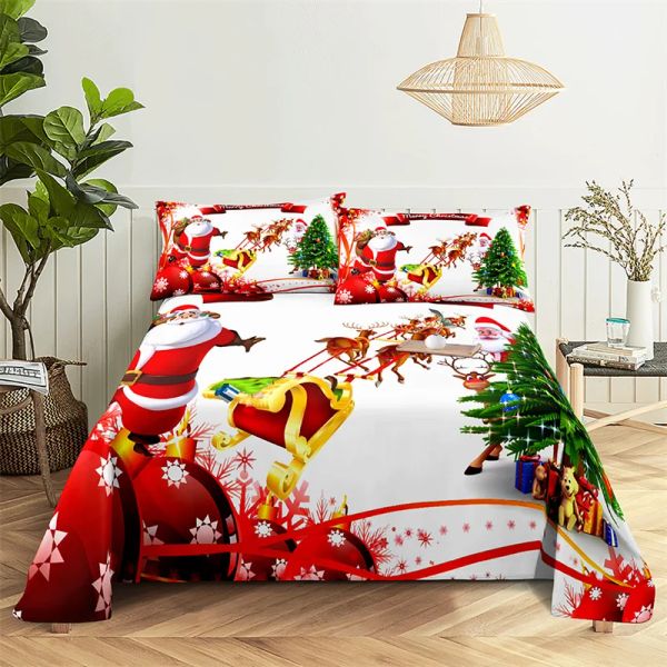 Ensembles Santa Claus Queen Feuille Set Flat de Feuilles plates pour enfants et filles draps de lit et taies d'oreiller Cadeaux de Noël Ensemble de literie