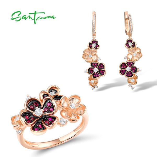 Conjuntos SANTUZZA 925 conjunto de joyería de plata para mujer Plata de Ley 925 pura flor Color rosa brillante creado rubí blanco CZ joyería fina