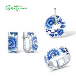 Sets Santuzza Sterling Sier Sieraden Set voor Vrouwen Blauwe Bloem Emaille Oorbellen Ring Hanger Set Trendy Fijne Sieraden Handgemaakt