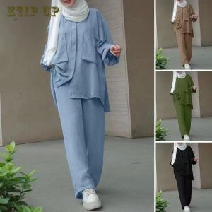 Stelt Saoedi -Arabische 2 stuks Set Marokko Moslimsets Kleding Elastische manchet Moslimpak Lange vrouwen bescheiden Wear Eid Sets Musulman Ensembles