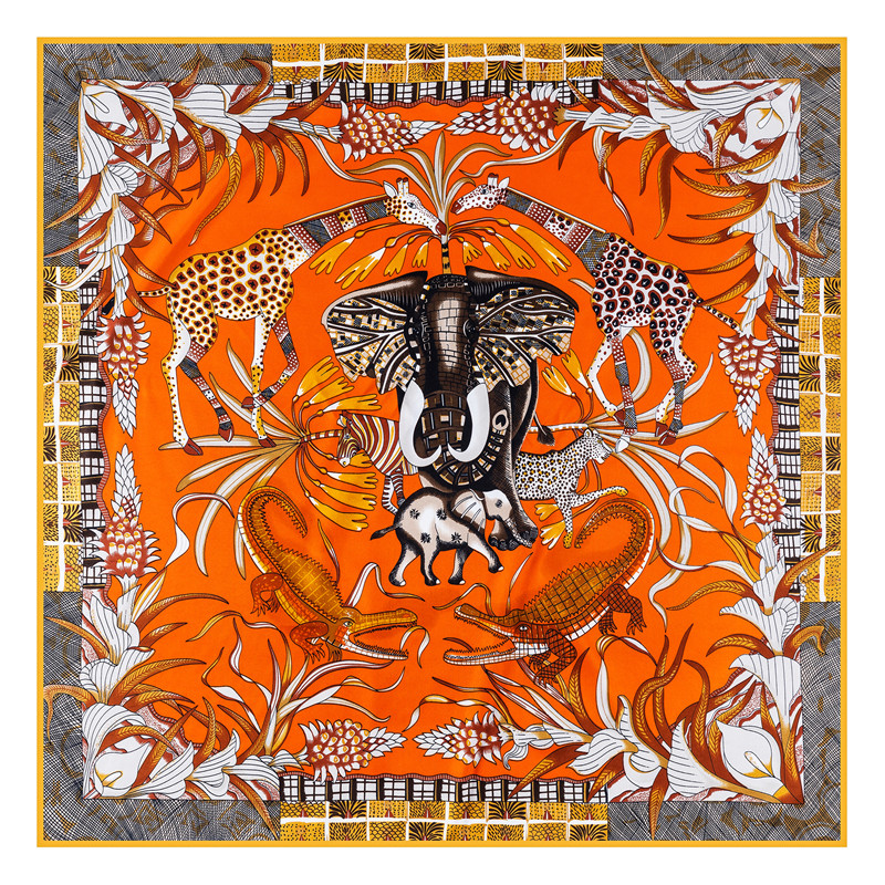 مجموعات الأوشحة اليدوي يدويًا ملوّقًا تويسًا حريريًا من الحرير النساء الفيل الزرافة حيوانات طباعة مربعات مربعة