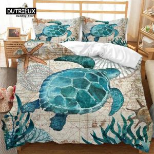 Ensemble de couette de couette de tortue de mer Méditerranée Octopus Seahorse Ocean Animal Print Litding Set Marine Thème design avec des taies d'oreiller