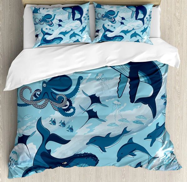Ensemble de litière de requin ensemble pour lit de chambre lit maison habitants de requins océaniques baleines dauphins octopus housse de couvre-couverture de courtepointe de courtepointe