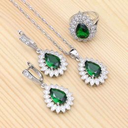 Наборы свадебных украшений Sier, натуральный зеленый кубический цирконий, белые серьги-капли с кристаллами, кулон, ожерелье, кольцо для женщин