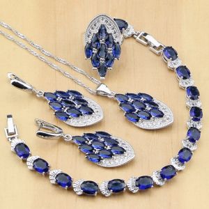 Ensembles de bijoux en argent 925, zircone cubique bleue, perles blanches CZ pour femmes, boucles d'oreilles/pendentif/bague/Bracelet/collier