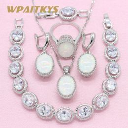 Ensembles de bijoux en argent 925 pour femmes, style simple ovale blanc, création d'opale, collier, boucles d'oreilles, bague, Bracelet, boîte gratuite WPAITKYS