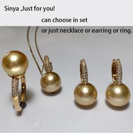 Sinya 12mm Southsea perles d'or ensemble de bijoux incrustation de vrais diamants de haute brillance collier boucle d'oreille bague ensemble meilleur cadeau pour amant maman