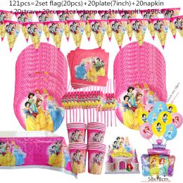 Sets six princesse kids girl anniversaire fête décoration set en papier plaque plaque bannière paille paille ballons baby shower fournit des fournitures