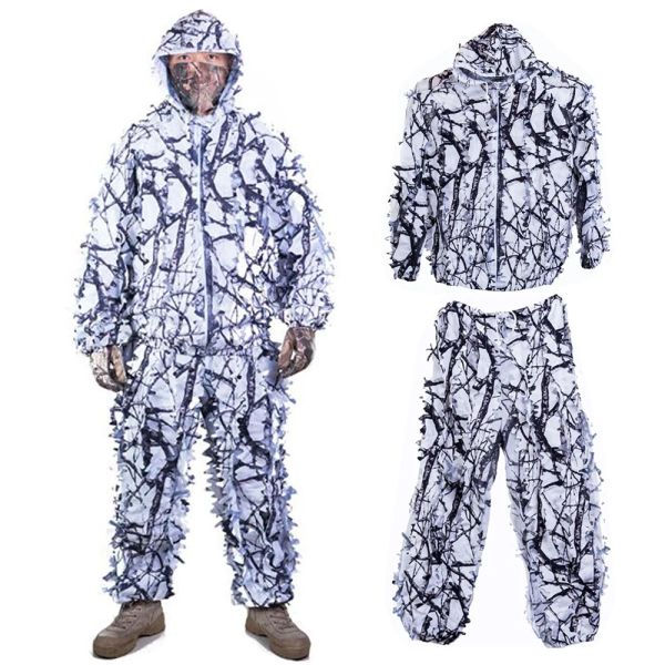 Ensembles Sniper CS Bionic Camouflage Suit Men 3D Maple Leaf Ghillie costumes White White Snow Hunting Vêtements Camo Invisible Ensemble complet