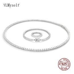 Sets Solid 925 Sterling Silver Tennis Necklace (4155cm 1622 inch) Bracelet (1521 cm) Ring Set met glanzende 3 mm zirkoon sieraden sets