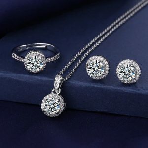 Sets solitaire lab diamanten sieraden set 925 sterling zilveren feest trouwringen oorbellen ketting voor vrouwen bruids moissanite sieraden