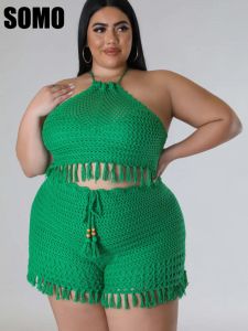 Ensembles Somo Plus Size Sexy Women a tricoté deux pièces Set Summer Halter Top Shorts Hollow Out Crochet Beach Wear Gropshipping en gros