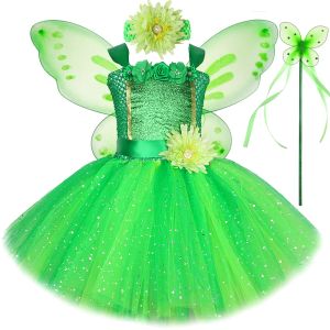 Sets Sparkly Green Fairy Princess Jurken For Girls Kids Kerst Halloween Kostuum Flower Girl Butterfly Tutu Outfit met vleugels set