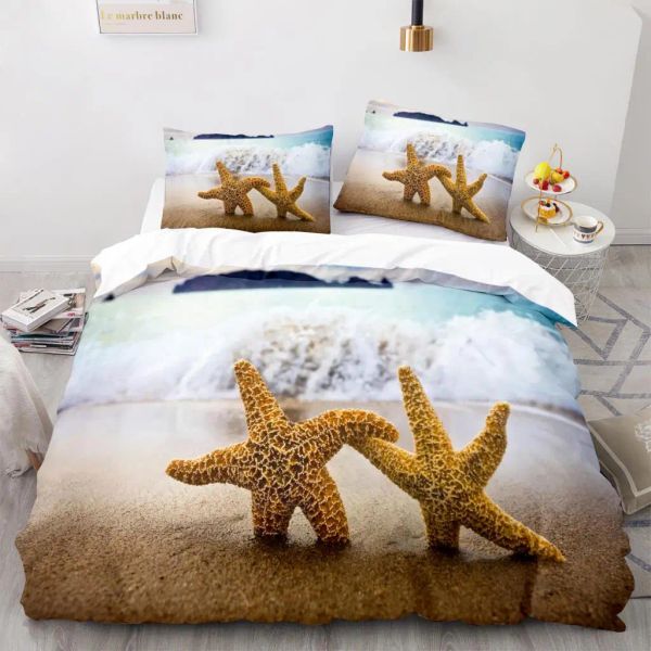 Sets Starfish Couvrette King Queen Blue Ocean Liberdding Set plage Seaside Quilt Cover Sea Animal 2 / 3pcs Polyester Counter
