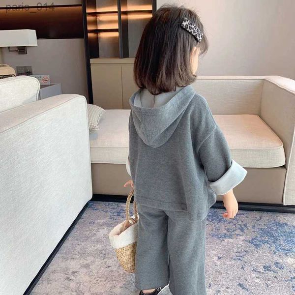 Conjuntos/Trajes Ropa para niños Trajes para niñas Primavera Otoño Nueva personalidad de moda coreana Suéter con capucha + Pantalones anchos Conjunto de dos piezas