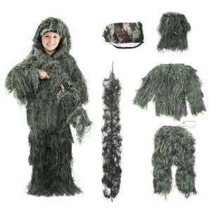 Ensembles / combinaisons enfants ghillie jeune sniper costume de veste pantalon capot enveloppe de carabine de capuche 5 en1 camouflage de chasse aux vêtements jungle tactique