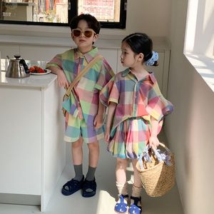 Sets pakken Milancel Summer Kids Clothing Set Plaid Tee en Shorts Girl Cleren Suit Brother Sisiter 230508