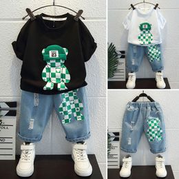 Sets pakken Sommenie kleding voor tieners Baby Boy Girl Cotton T -shirts en denim shorts set Children S Cartoon Bear Tracksuit Hat Loungewear 230508