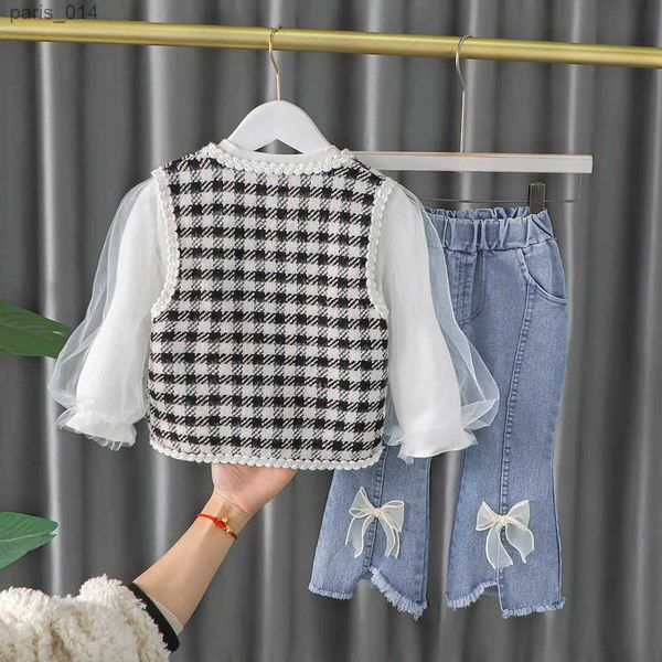 Conjuntos/Trajes Primavera Otoño Conjuntos de ropa para niñas Estilo coreano Manga abullonada Camisas a cuadros para niños + Pantalones vaqueros con lazo 2 piezas Traje de ropa para niños