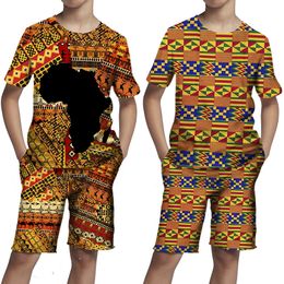 Sets/pakken zomer 3D Afrikaanse print Casual Kids Shorts Suits Girls Deskleding Vintage Hip Hop T Shirts Shorts Suits Pakken Boys Tracksuit Set 230523