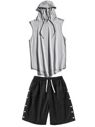 Sets/pakken zomerheren spier hoodie vest tracksuit mouwloze bodybuilding gym workout fitness tanktop sport outfits voor tienerjongen 230523